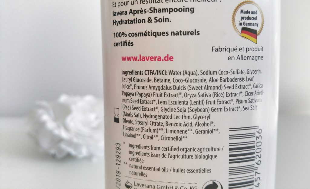 Shampooing hydratation et soin Lavera composition